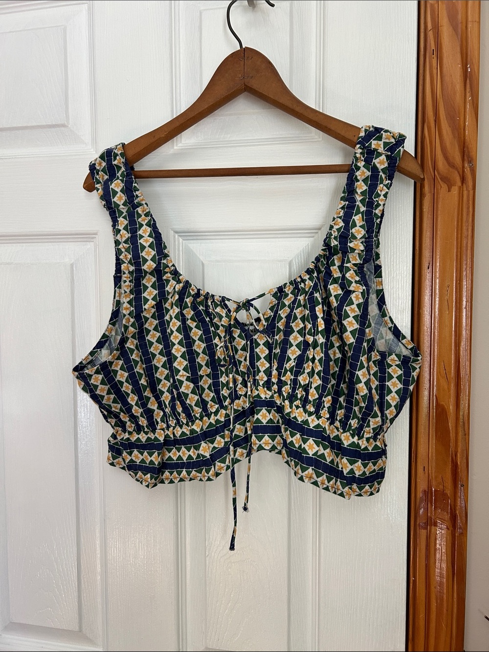 Navy Geometric Tie-Front Crop Top